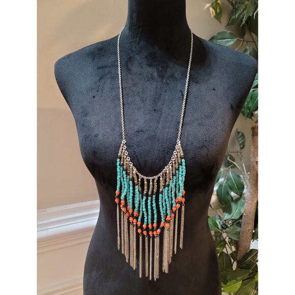 Womens Bohemian Beaded Statement Necklace With Turquoise Coral And Lobster Clasp - Picture 2 of 5